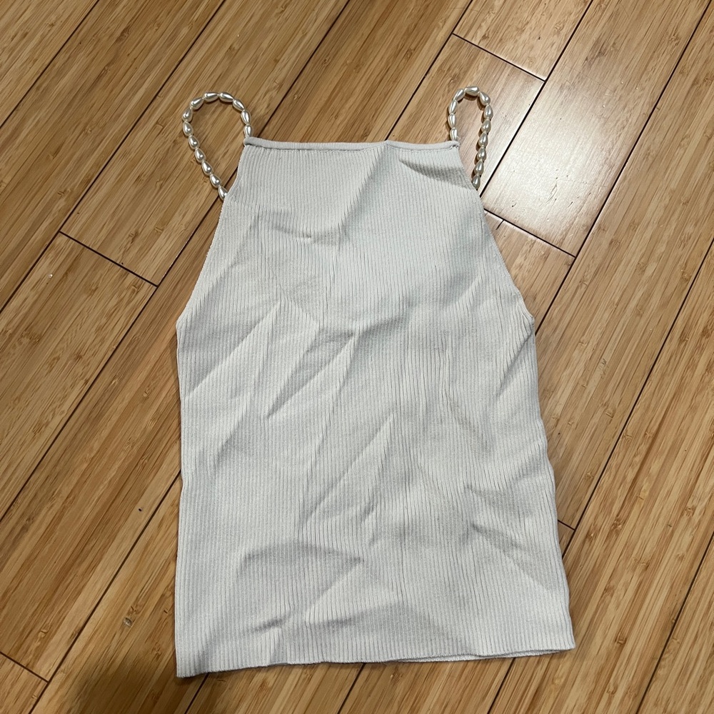 NWT House of Harlow Beige Ribbed Tank with faux Pearl Straps size S